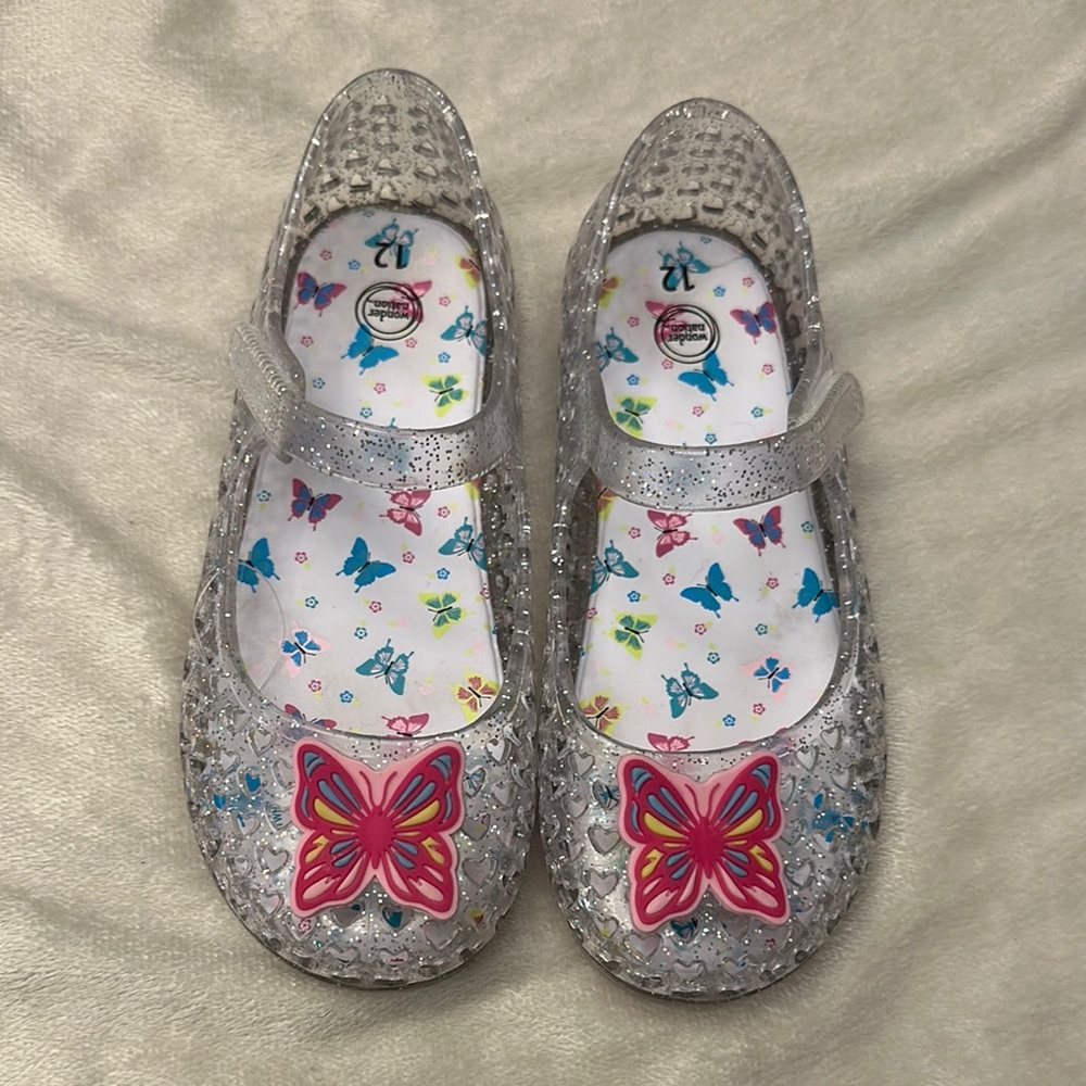 NWT clear glitter Velcro jelly shoes with cute butterfly detail size 12